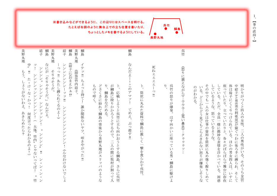 台本の書き方 加賀屋の場合 その3 劇団ウィルパワーの 稽古の時間ですよ